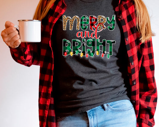 Merry and Bright Shirt, Leopard Print Christmas Lights Shirt