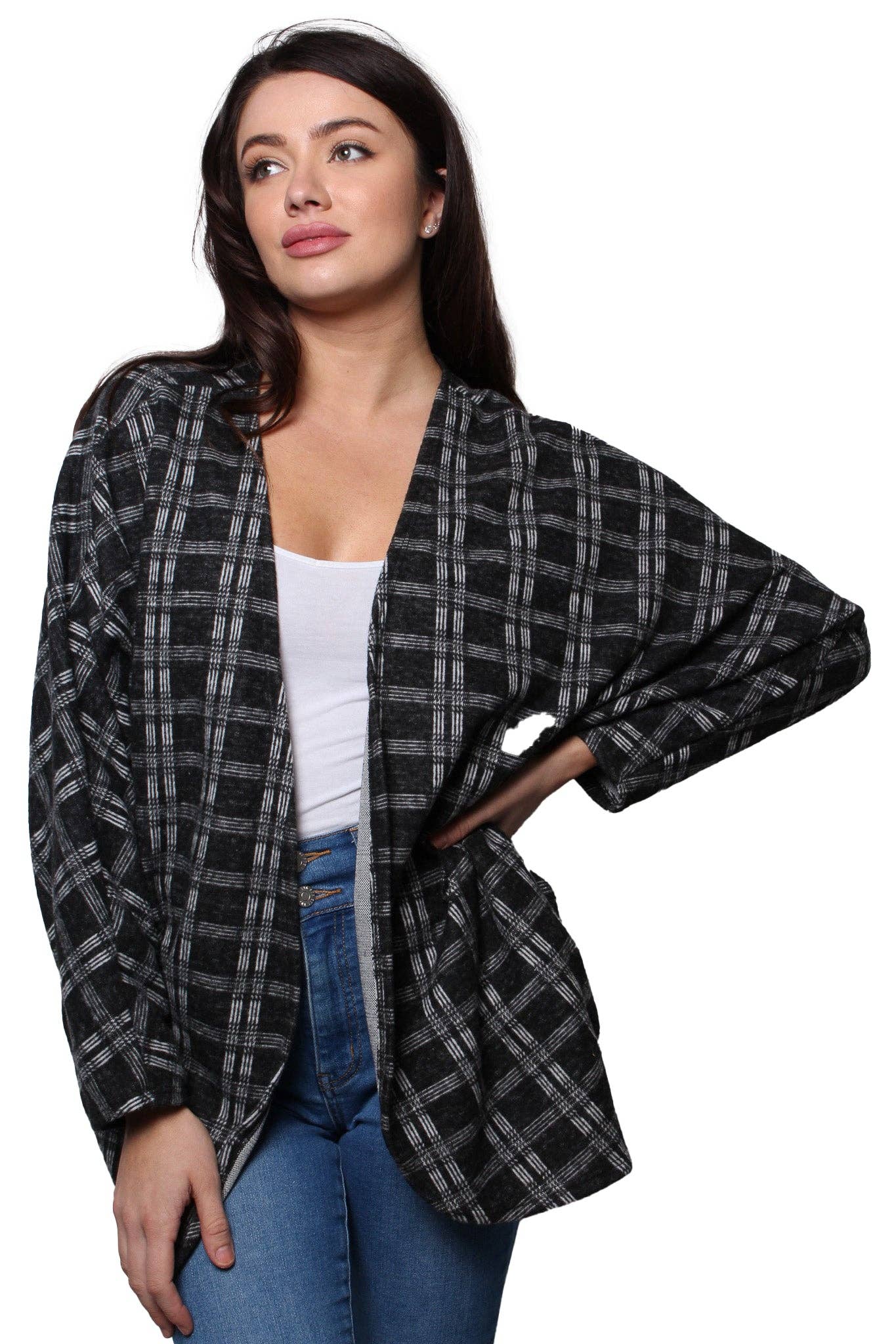 Women’s Long Sleeve Open Front Checkered Cardigan
