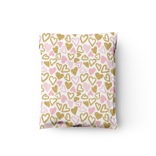 12x15" Pink and Gold Hearts Poly Mailers