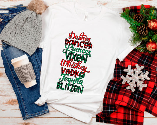 Funny Dasher Dancer Prancer Vixen Moscato Tequila Blitzen Shirt