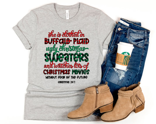 She Is Clothed In Buffalo Plaid Ugly Sweaters Christmas Shirt