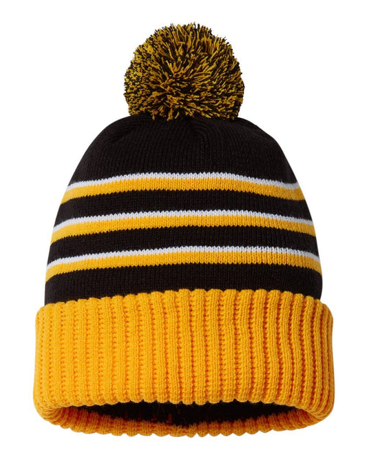 Stripe Pom Cuffed Beanie