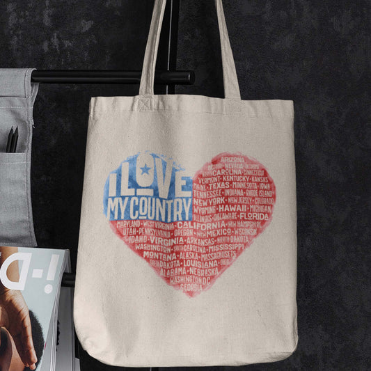 I Love My Country Tote Bag, Patriotic USA Canvas Totes